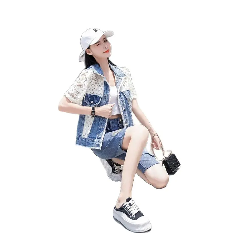 

Summer New 2021Denim Ladies Jacket Splicing Lace Shirt Bubble Sleeve Short Sleeve Loose Student All-Match Female Outerwear