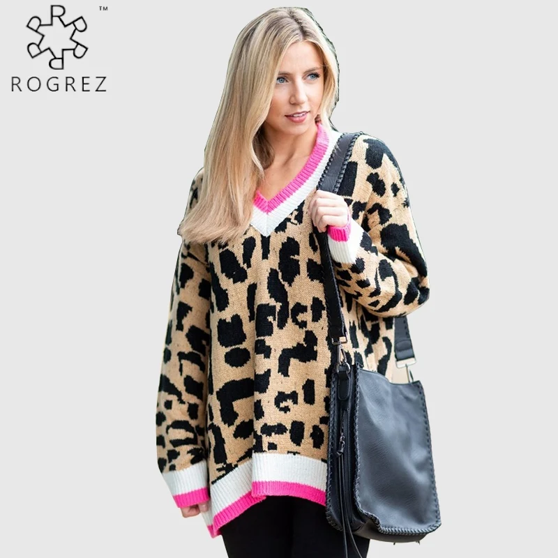 

ROGREZ Office Casual Sexy Leopard Sweater Loose Plus Size Knitting Cotton Sweaters Winter Women Pullovers Long Sweater