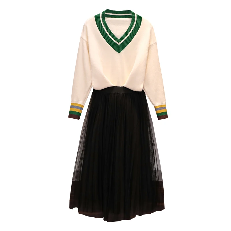 

Big Yards L -4xl Couture Autumn Outfit New Two-Piece Woman V Neck Pullover Sweater Black Pleated Skirt Knitted Suits Vestido