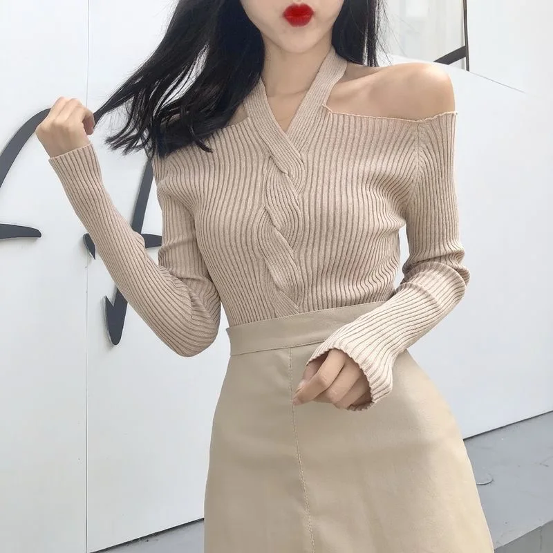 Female knitted Women's Casual Off Shoulder V-neck Blouse Ladies Summer Sexuality long Sleeve halter Crop Tops Short Shirt