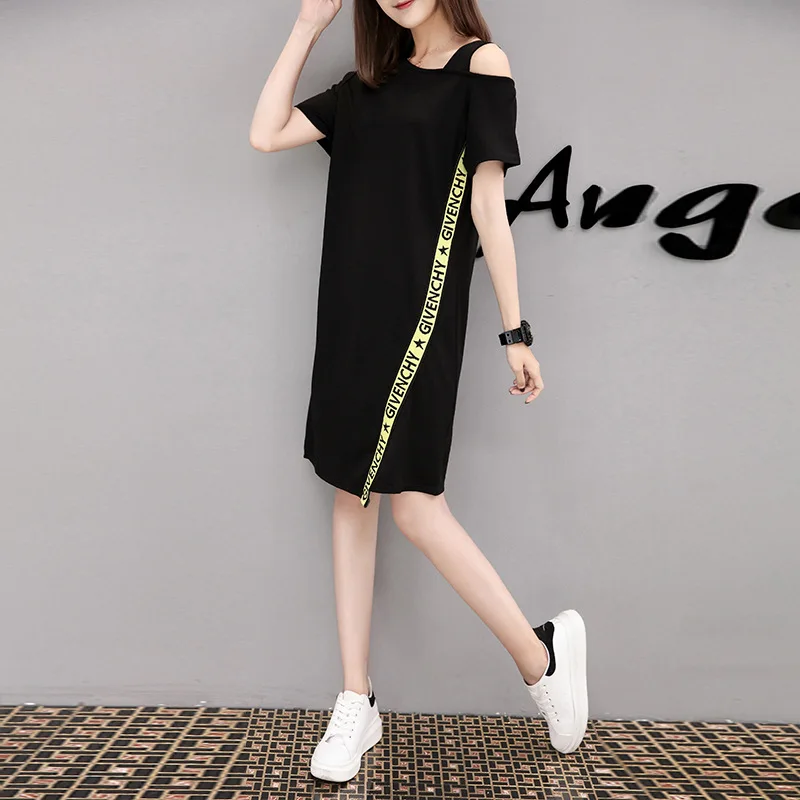 

2020 Summer New Style Off-Shoulder Camisole Loose-Fit Mid-length Short Sleeve T-shirt Women's Large Size Base Dress Korean 90s