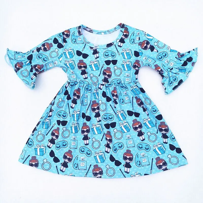 2020 New Arrivals Girls Boutique Dress Cartoon Dolls Printed Kids Short Sleeve Blue Milksilk Clothes Spring/Summer | Детская одежда и