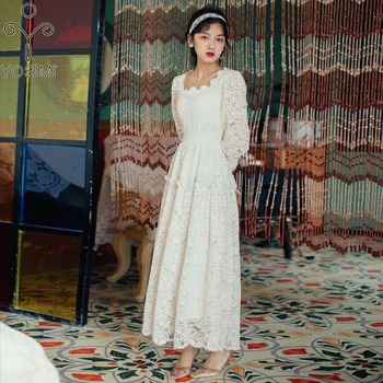 

YOSIMI Ladies Party Dress 2020 Summer Maxi Beige Lace Female Vestidos Tunic Long Sleeve O-neck Ankle-Length Long Women Dresses