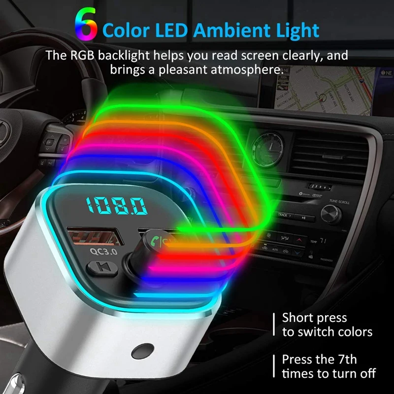 Bluetooth fm-передатчик для автомобиля, 6 цветов светодиодный беспроводной fm-радиопередатчик С Подсветкой Bluetooth автомобильный адаптер с зарядкой QC3.0