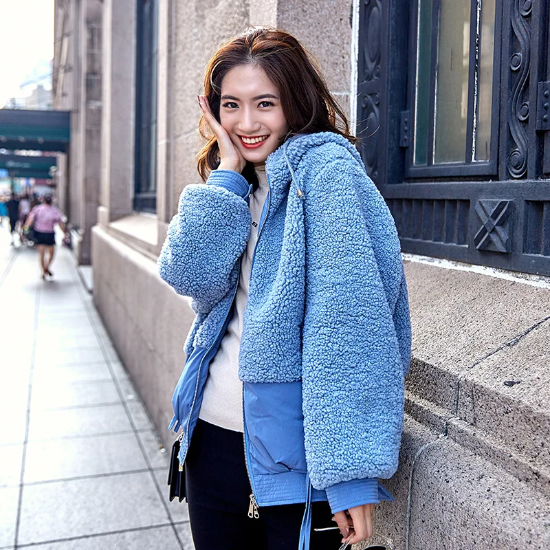 

2019 Winter Korean-style Sweet Fresh College Style Lambs Wool Joint Embroidered Short down Cotton Overcoat Women's