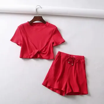 

Round neck slim knotted short-sleeved shorts plus size two piece set T-shirt drawstring casual short two-piece suit