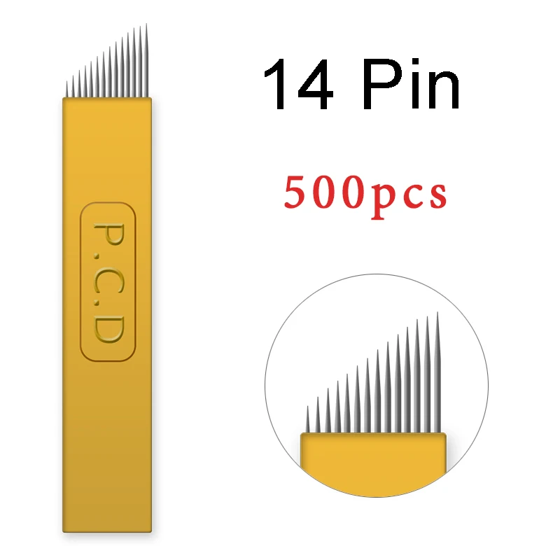 500PCS 14pin 500 шт. Lamina Agulhas микроблейдинг tebori 12 pin твердое PCD игла лезвие для татуажа иглы для перманентного макияжа игла для татуажа бровей - Габаритные размеры: 500PCS 14pin