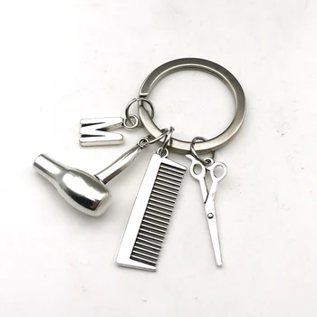 

2020 New Decorative Keychains Hairdressers Gift Comb Scissors Car Key Rings Hair Dryer Latest choice letter keychain Keyring