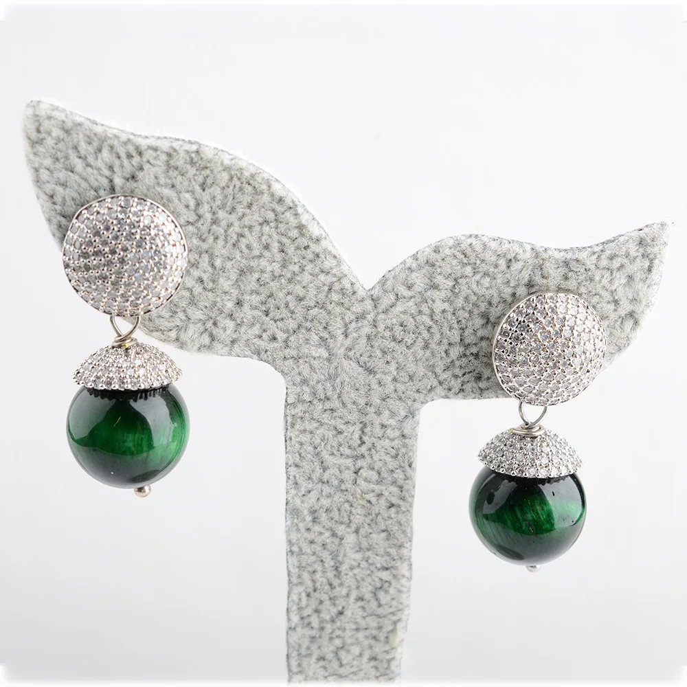 14mm Round Green Tiger Eye Cz pave Earrings
