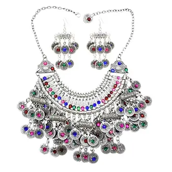 

Fashion Egypt Coin Colorful Rinestone Crystal Statement Necklace Earrings Jewelry Sets For Women Turkish Gypsy Indian Party Jewe