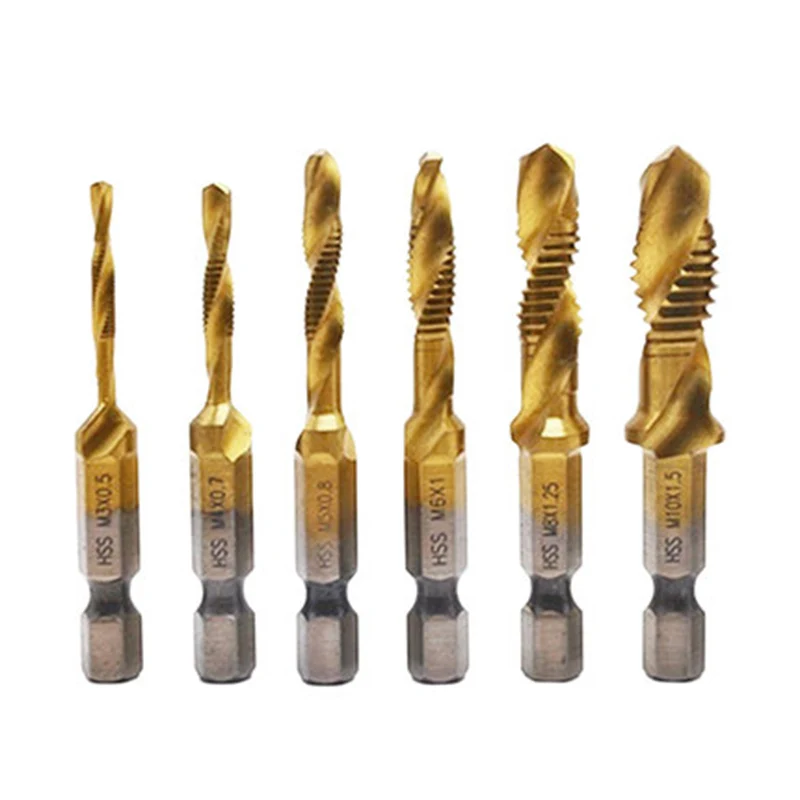 

6PCS M3-M10 Shank Hexagonal Titanium Hand Plated HSS Metric Thread Tap Drill Bits drill bits for metal drill bit set