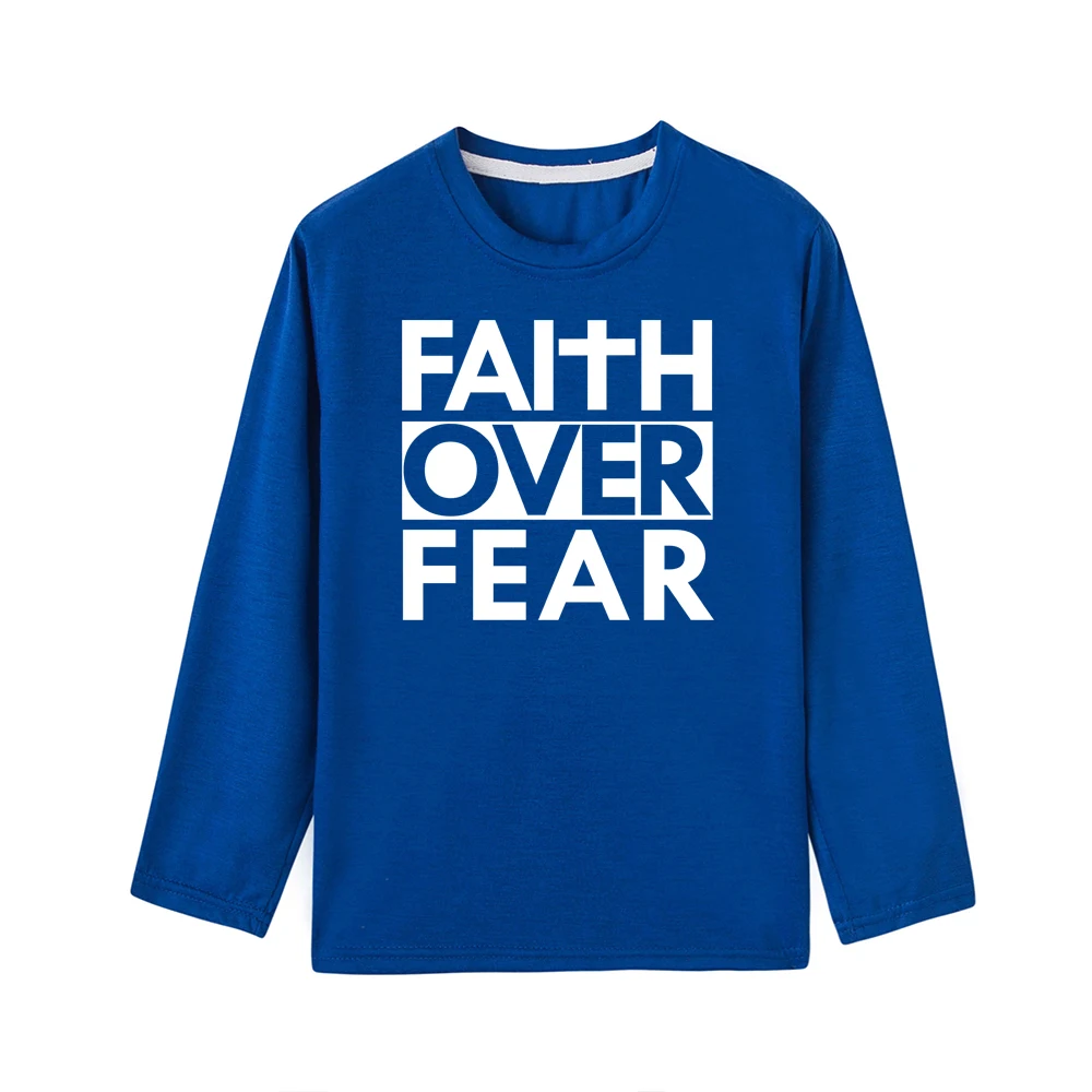 Faith Over Fear Одежда для детей с длинными рукавами Забавная детская одежда для маленьких мальчиков и девочек, футболка, Топы, модная одежда для малышей с буквенным принтом, изображением из мультфильма, футболки для детей, одежда