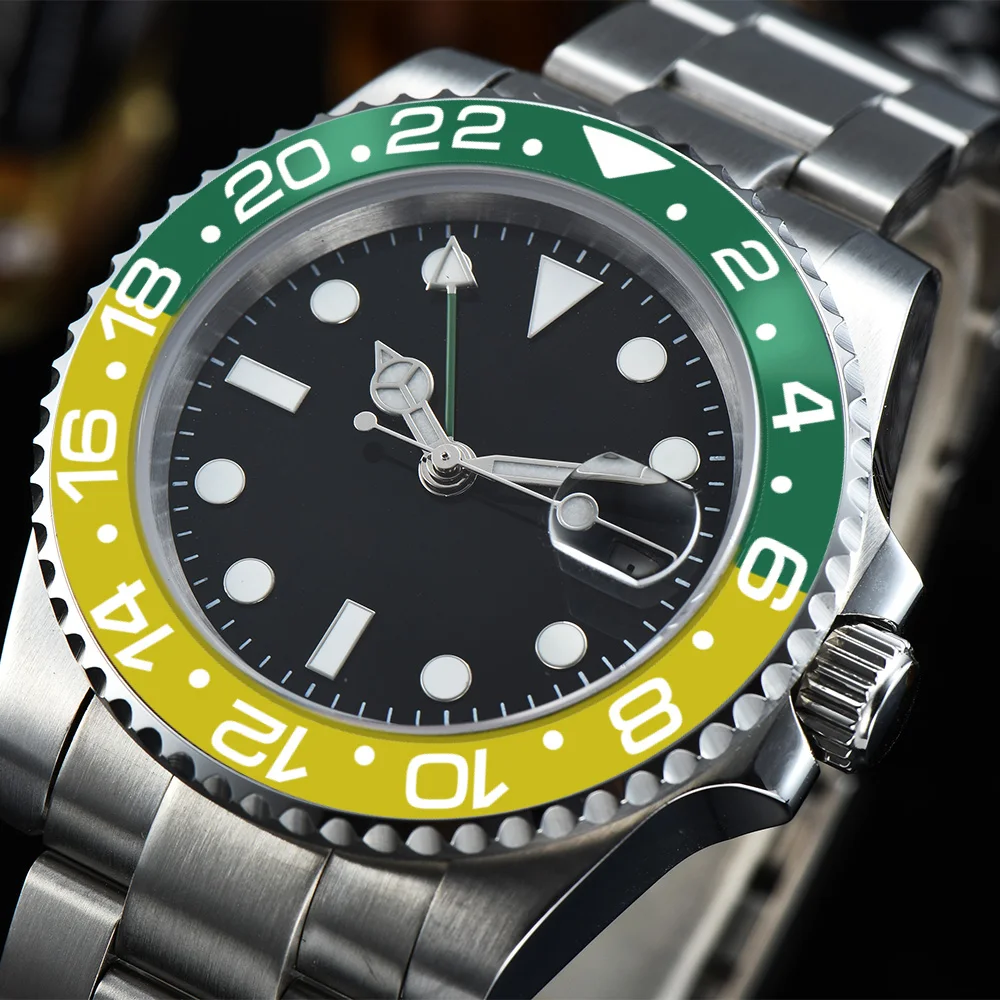 Часы автоматические GMT черный стерильный циферблат Мужские сапфировые кристаллы