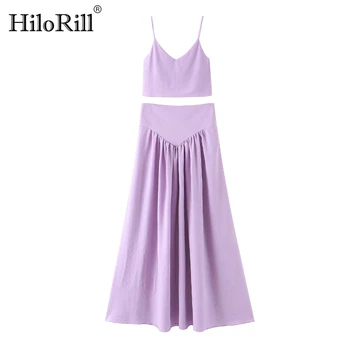 

Women Solid Two Piece Skirts Sets Sexy Spaghetti Strap Short Camisole Tops With Elegant High Waist Purple Long Pleated Skirt