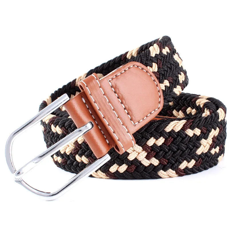 New Fashionable Wide Belt For Men Women Elastic Knitted Braid Jeans Dress Belt With Leather Metal Buckle Casual Belt For Unisex - Цвет: beige black coffee