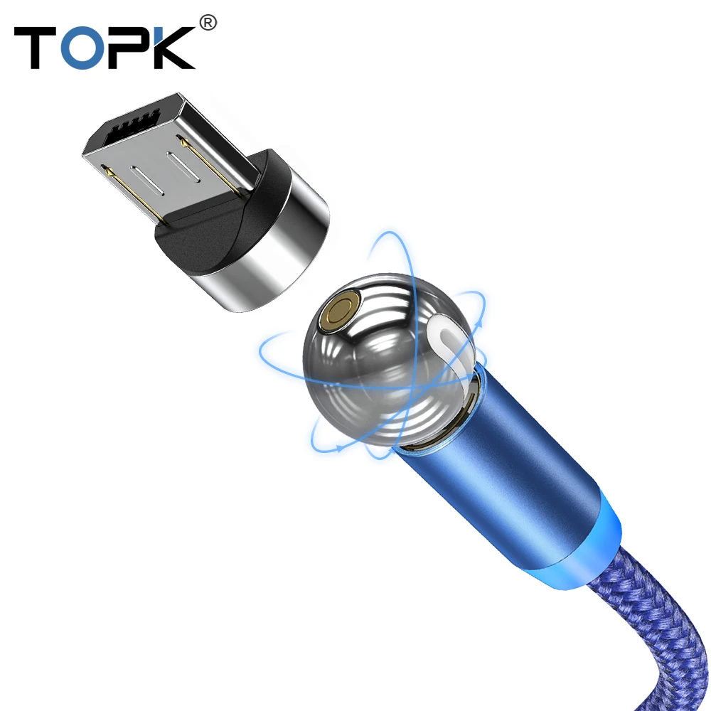 TOPK AM28 Магнитный кабель с поворотом на 360 градусов, кабель Micro usb type C, Магнитный зарядный светодиодный usb-кабель для iPhone 11 XR XS Max X 8 7 - Цвет: Blue Micro Cable