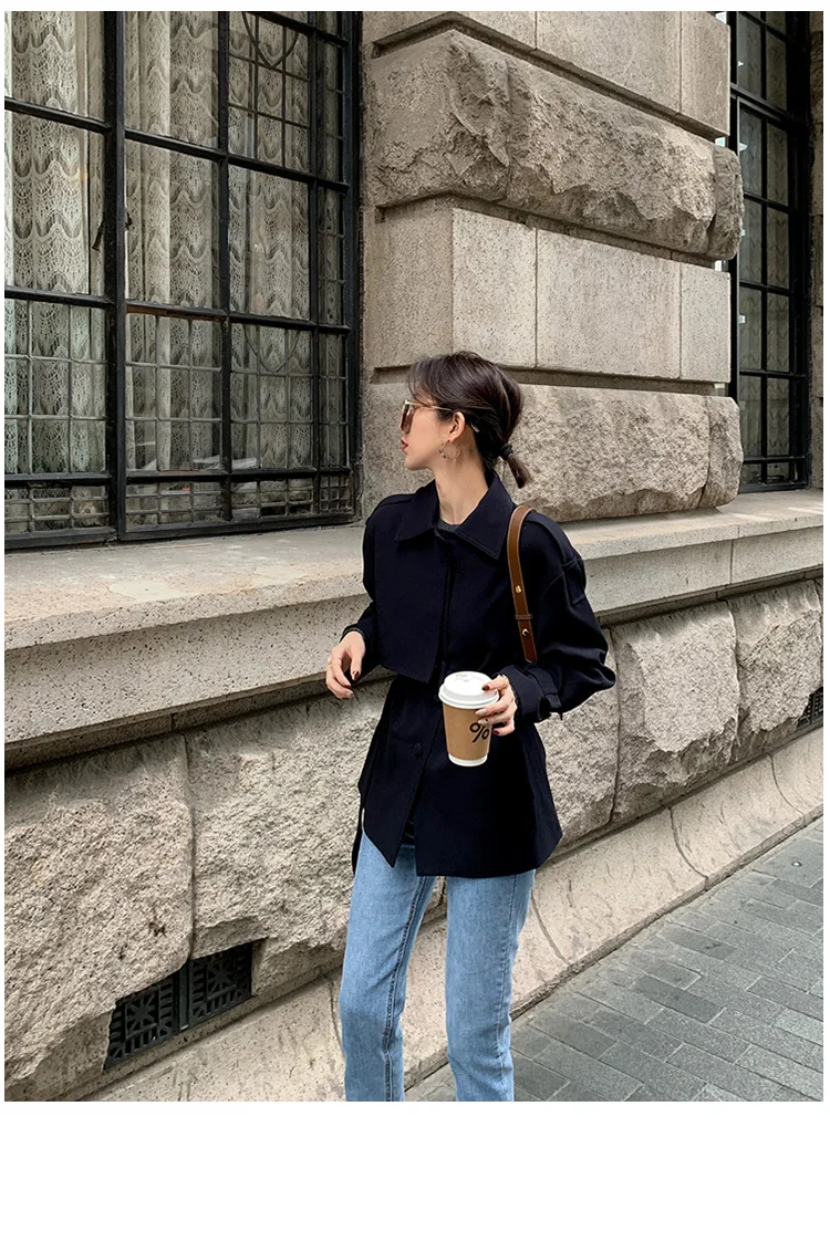 New Elegant Fashion Coat Women Short Blends Coat Jacket Female Korean Version Casual Short Loose Belt Coat Femme
