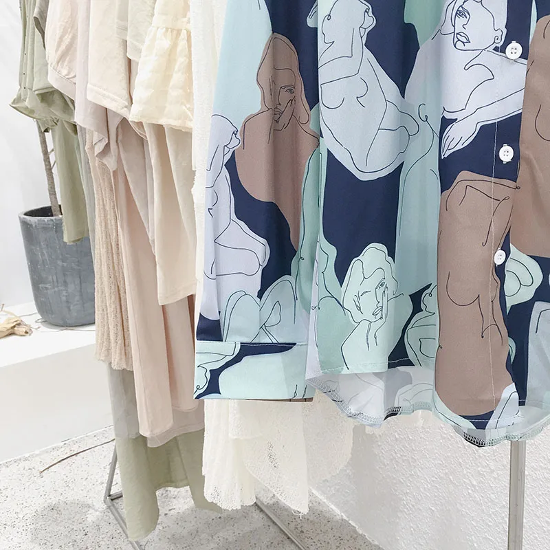 Mooirue/винтажная блузка с абстрактным принтом для женщин Осенняя свободная уличная одежда с длинным рукавом Повседневный нишевый дизайн кардиган с принтом Аниме Топ