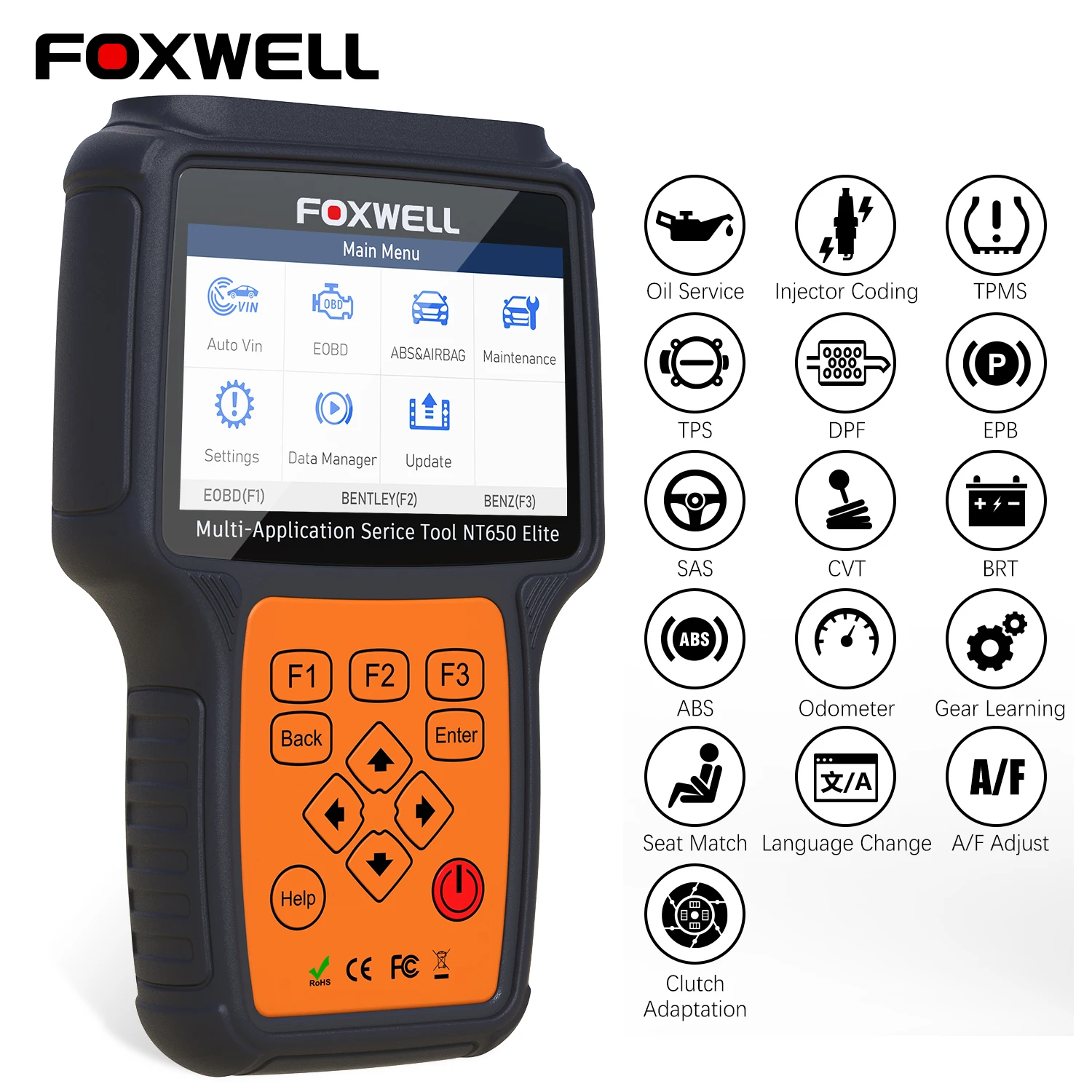 Foxwell NT650 Elite OBD2 сканер кода двигателя ABS подушка безопасности EPB масло TPMS 20 сброс ODB2