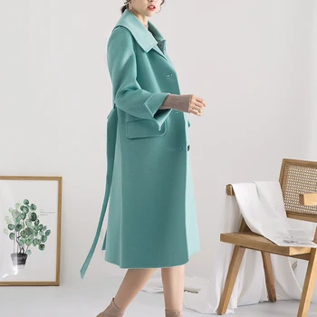 

Autumn and winter 2020 new 100% woole double-sided pure cashmere coat women's long wool coat cyan color Korean woolen overcoat