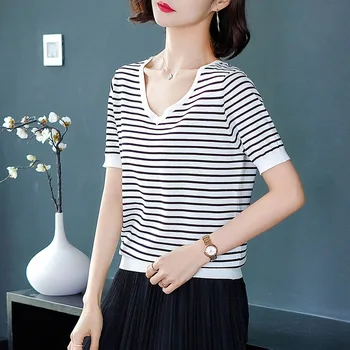 

Ladies fashion simple V-neck striped knitted short-sleeved T-shirt
