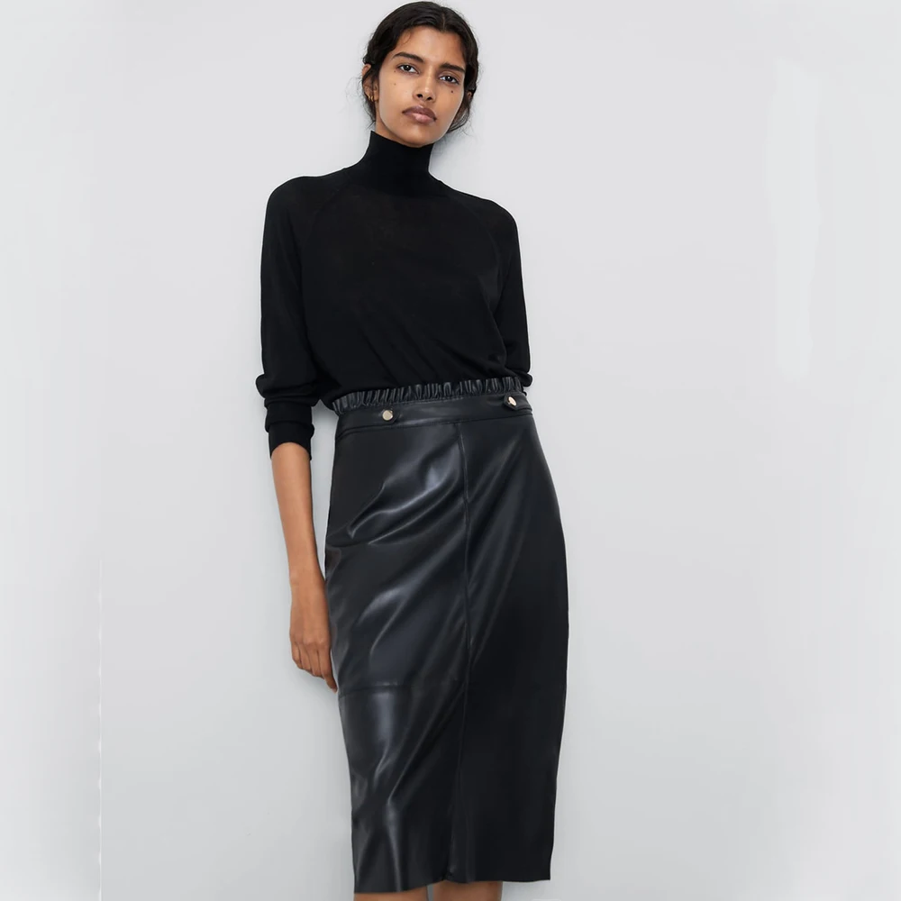 

Fashion ZA Leather Skirts Autumn Winter PU Pencil High Waist Bodycon Split Zipper Stretchy Sexy Skirts Knee Length Party Gifts