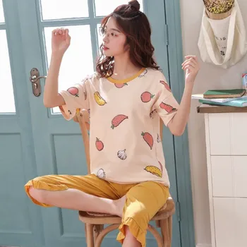 

Spring Summer Pyjamas Set Short Sleeve Cropped Pant Cotton Pajamas for Women Cute Loose Student's Sleepwear Pijama Mujer M-3XL
