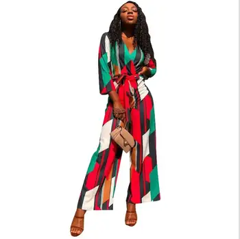 

Colorful Striped Print Casual Playsuits African V-Neck Sashes Long Rompers Patchwork Women Long Sleeve Party Loose Jumpsuit