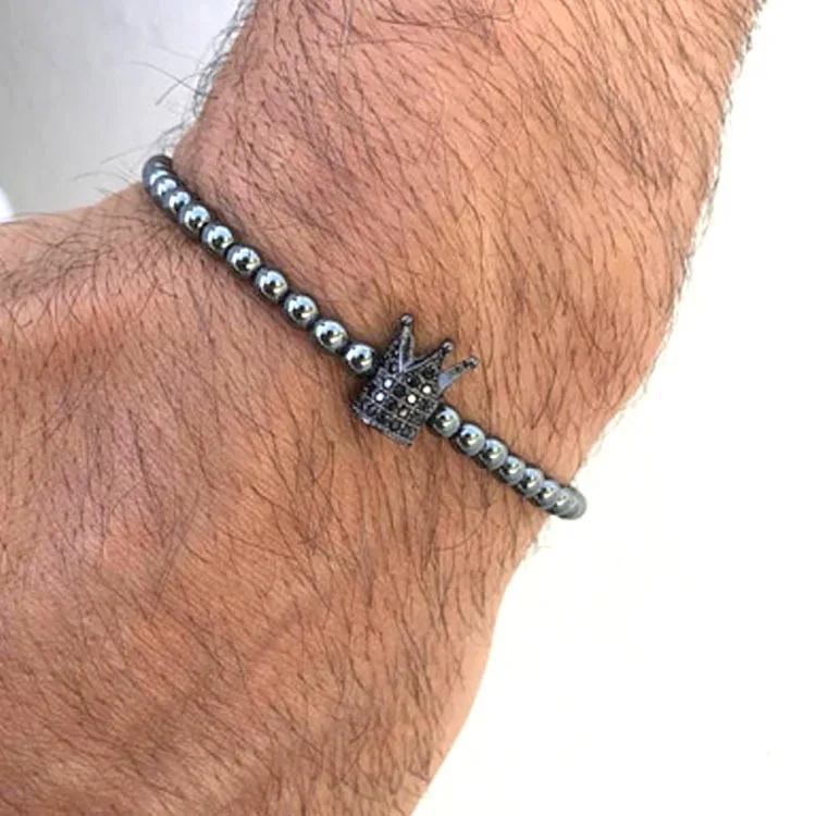 Hematite Leopard Head Cross Crown Bracelet Lucky Men's Charm Beaded Bracelet Gift 6mm bracelet jewelry