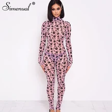 Simenual Mesh See Through Sexy Party Jumpsuits Long Sleeve Floral Print One Piece Overall 2020 Fashion Rompers Womens Jumpsuit