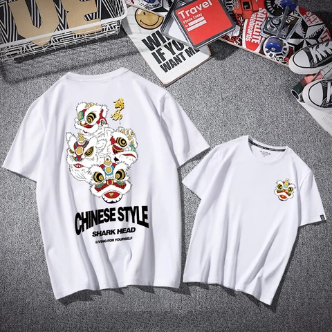 Cartoon Chinese Lion Head Print Men Tshirt Summer 100% Cotton Vintage Style Clothes Funny Hip Hop Cool Plain Streetwear