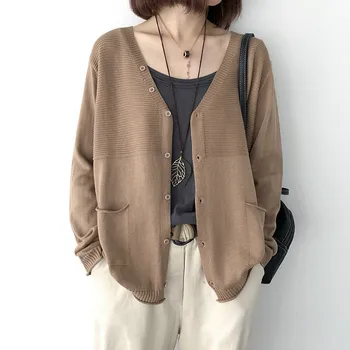 

Women's Spring Autumn Loose Solid Color V-neck Single Breasted Fashion Knitted Cardigan Sweater