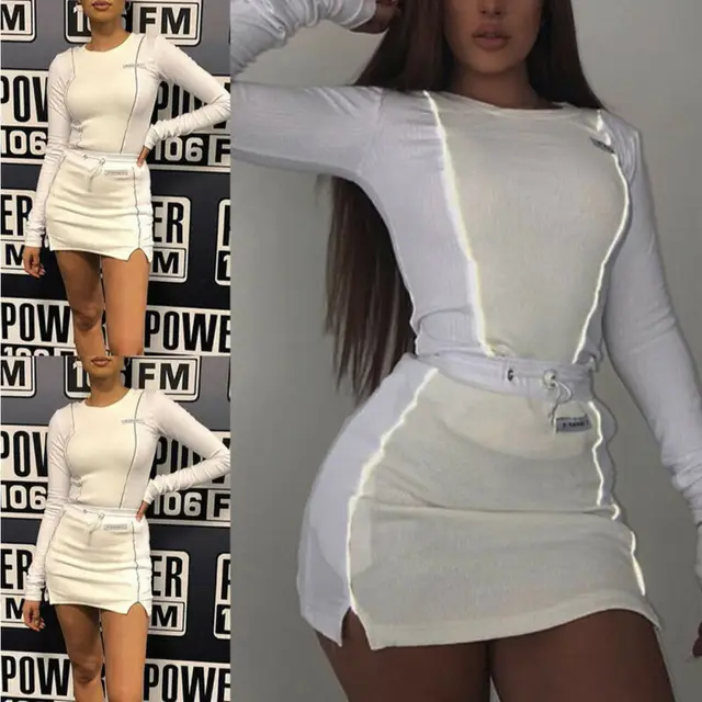 US $11.79 Women White 2PCS Set 2019 Autumn Fashion Long Sleeve Reflective Striped patchwork Crop Tops skirts 