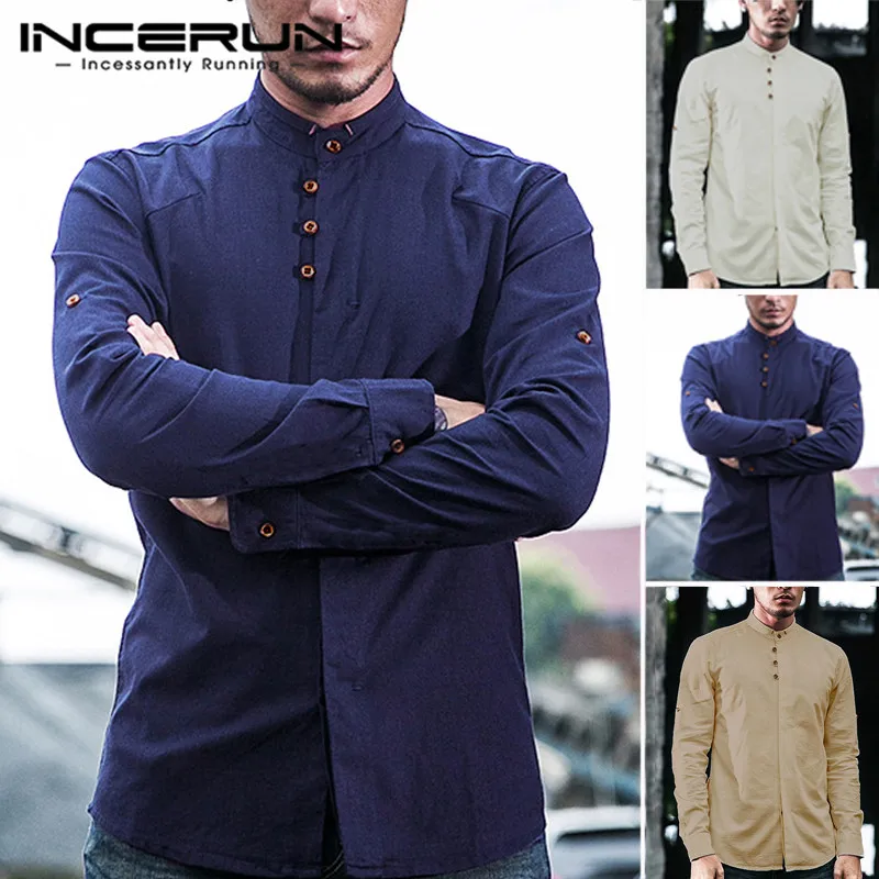 

INCERUN Chinese Style Men's Casual Cotton Shirt Retro Stand Collar Slim New Fashion Solid Color New Literary Loose 2020 Shirt