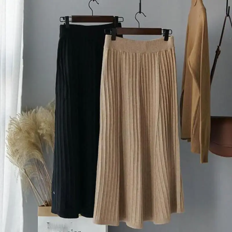Трикотажные плиссированные юбки, эластичные длинные юбки с высокой талией, женские офисные элегантные юбки, осенняя корейская мода, уличная одежда