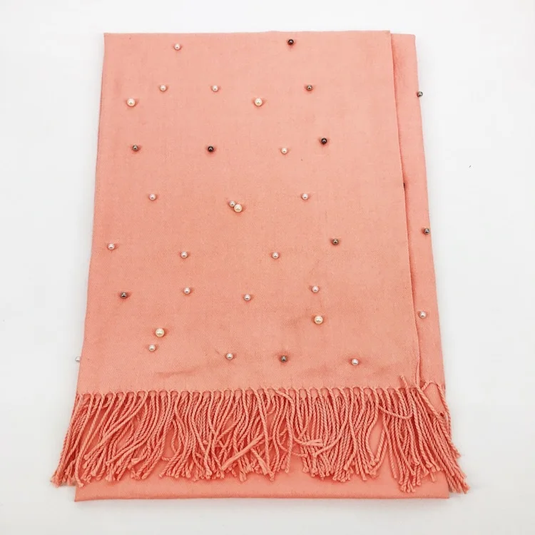 Роскошный брендовый плотный зимний шарф для женщин, теплый кашемировый шарф со звездами и жемчугом, однотонная шаль с кисточками, накидка, хиджаб, шарф из пашмины - Цвет: Deep Pink