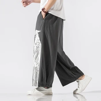 

Wide Cropped Streetwear Hip Hop Pants Men Cotton And Linen Loose Casual 9 Points Chinese Style Beach Pants Lantern Pants Retro