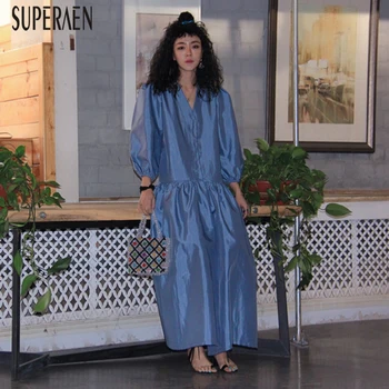 

SuperAen Spring New 2020 Europe Women Long Dress V Neck Solid Color Ladies Dress Casual Fashion Women Clothing