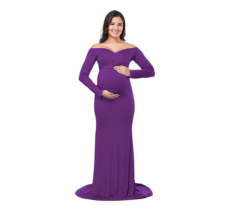 dark purple Осеннее элегантное приталенное платье для беременных; одежда для фотосессии с длинным рукавом и v-образным вырезом; приталенное Макси-платье для беременных; D20 - Цвет: dark purple