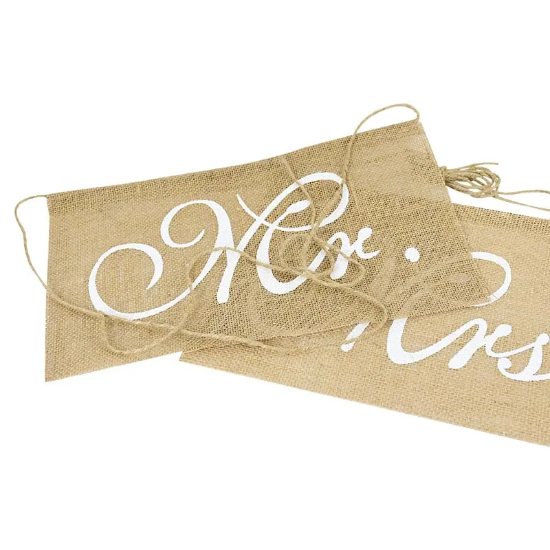 1 Paar Mr. Mrs Hochzeitsstuhl-Banner, Jute-Sackleinen-Flaggen, Hängeschild, Vintage, rustikale Hochzeitsdekoration, Foto-Requisiten, Partyzubehör – Detail 7