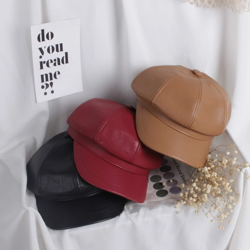 Fashion Kids PU Leather Beret Hats Fashion Winter Spring Octagonal Cap Boys Girls Solid Berets Pumpkin Caps Children Painter Hat