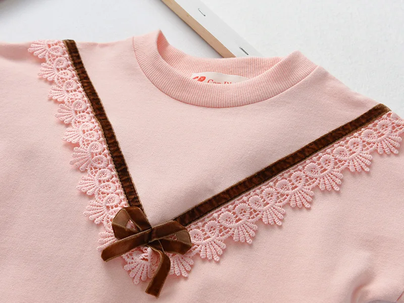 Lememogo Spring Fall Winter Baby Girls Shirts Clothing Kids Cartoon Solid Pink Long Sleeve Lace Bow Tops Toddler Gift Clothes