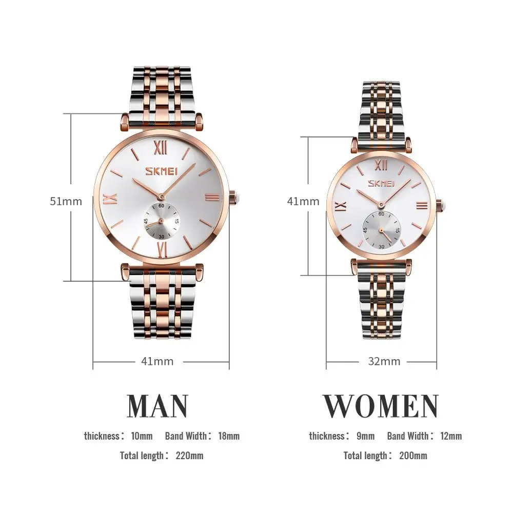 SKMEI Fashion Couple Quartz Watches Men Women Luxury Rose Gold Wristwatches Stainless Steel Strap Watch Ladies 5