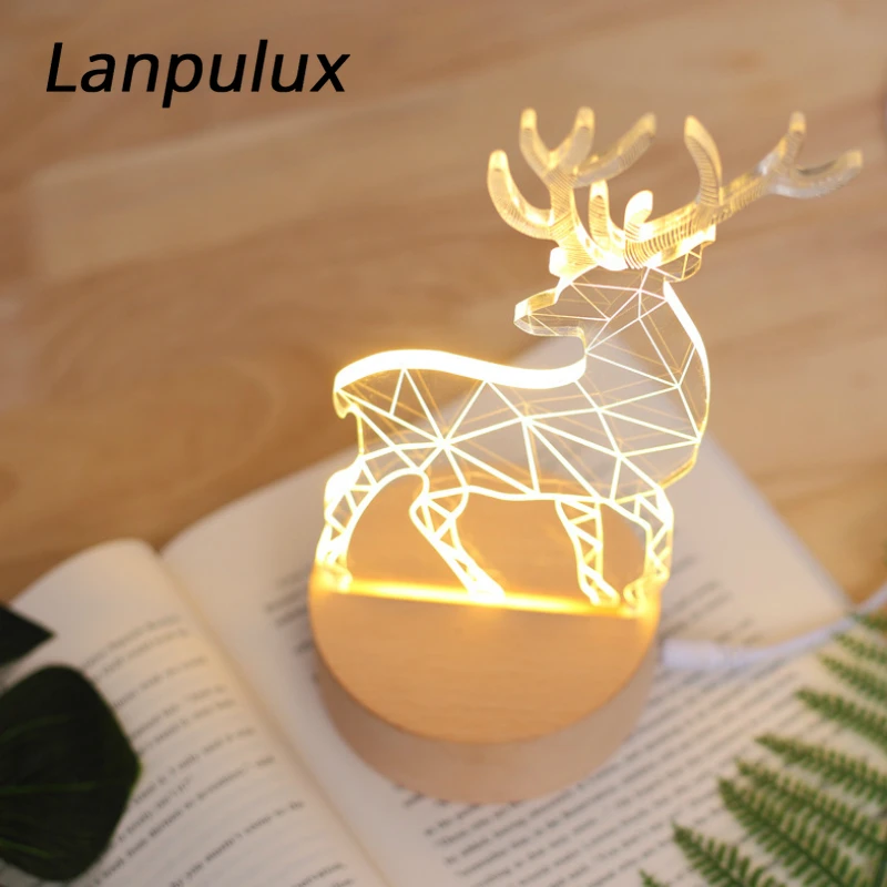 Lanpulux 3D настольная лампа для животных, олень, кошка, собака, волк, стеклянный ночник с зарядкой через usb, светильник для дома, спальни, декоративный светильник, светильники, подарки для девочек