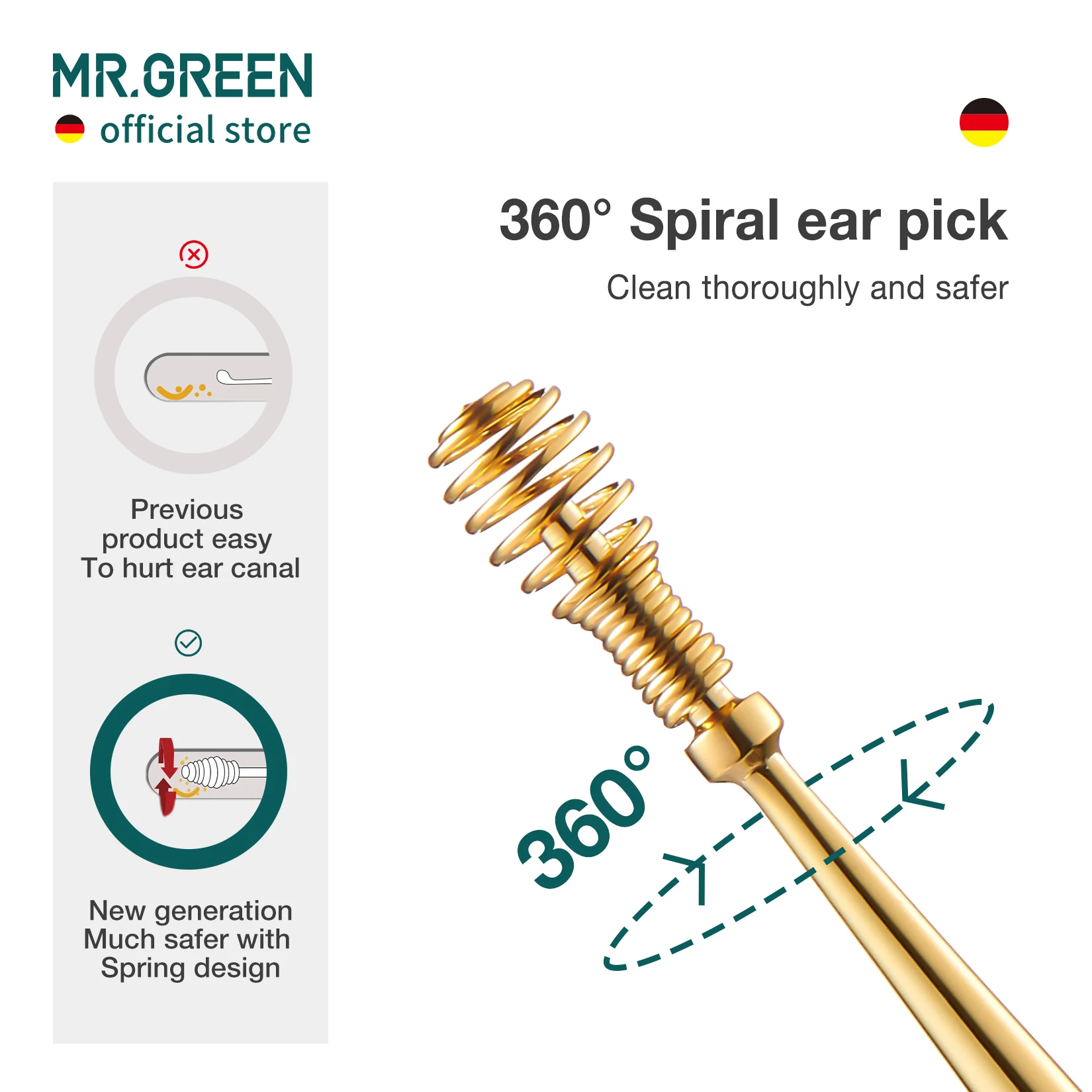 MR.GREEN Ear Pick 360&deg; Spiral Massage Ear Canal Cleaner Stainless Steel Flexible Design Care Tools
