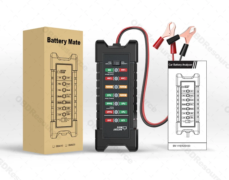 4in1 грузовик автомобильный аккумулятор тестер Нагрузочный тест 12 В 24 В Мотоцикл Цифровой Анализатор Аккумулятора Автомобильный сканер Авто Диагностический Инструмент OBDResource BM410 BM420
