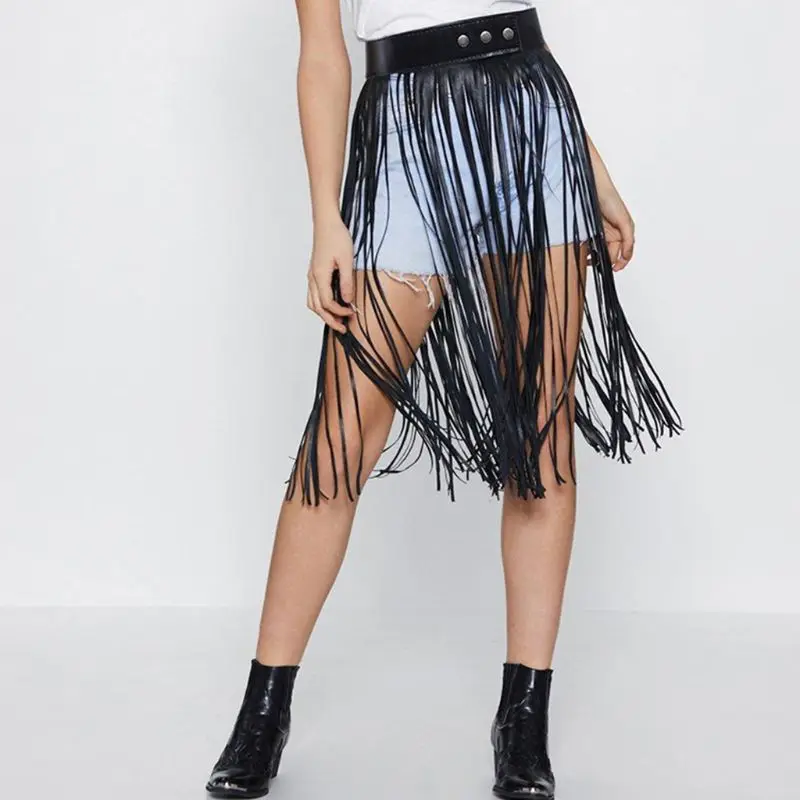 

Women High Waist Faux Leather Tassels Skirt Body Harness Punk Party Clubwear