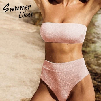 

High waist bikini set 2020 Summer bandeau sexy swimsuit female bathing suit Shiny high cut swimwear women solid two piece suit