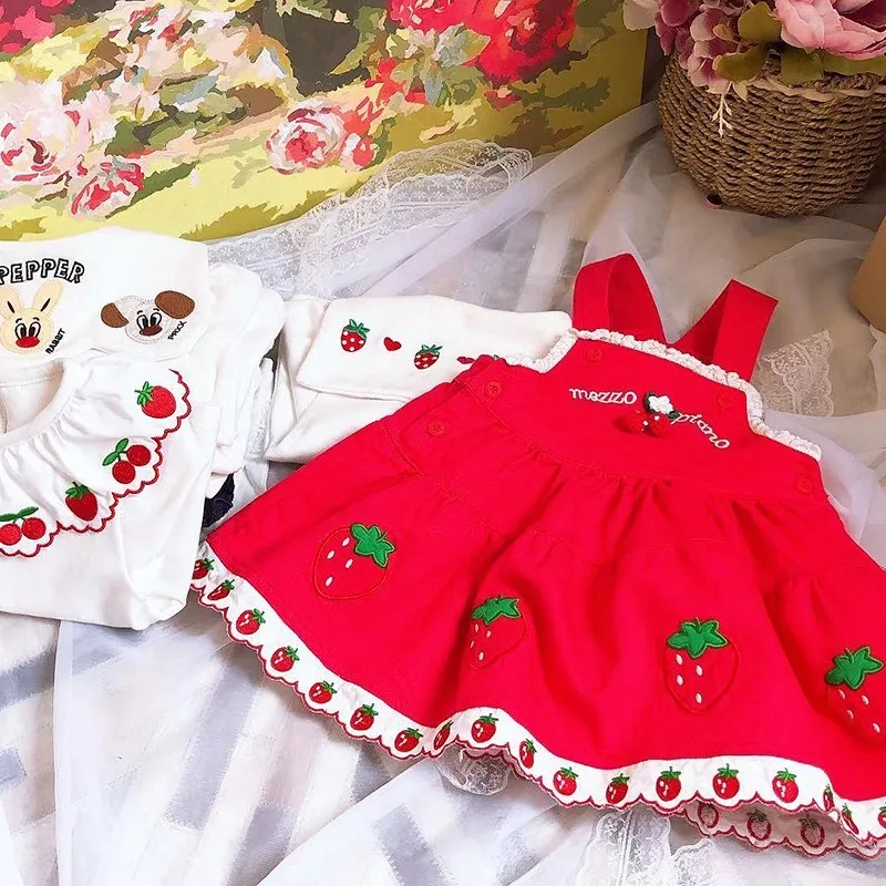 Весеннее японское платье-майка с клубничкой+ рубашка с клубничкой милое детское платье оранжевое платье Детские платья для девочек