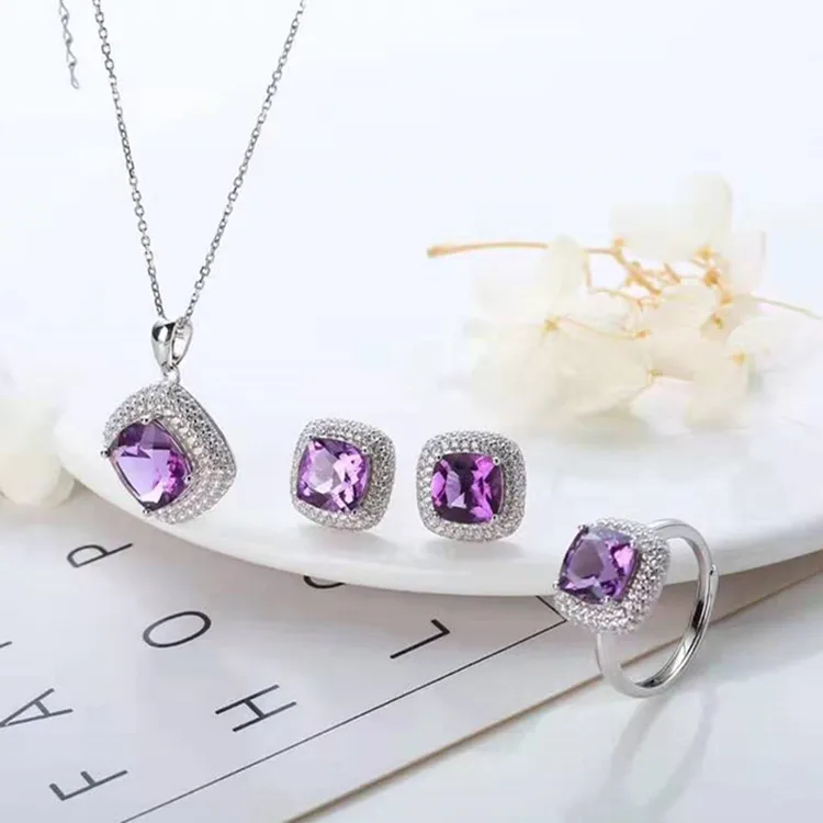 

Multicolored Jewelry 925 Silver Inlaid Natural Amethyst Ear Stud Necklace Pendant Adjustable Adjustable Ring Set